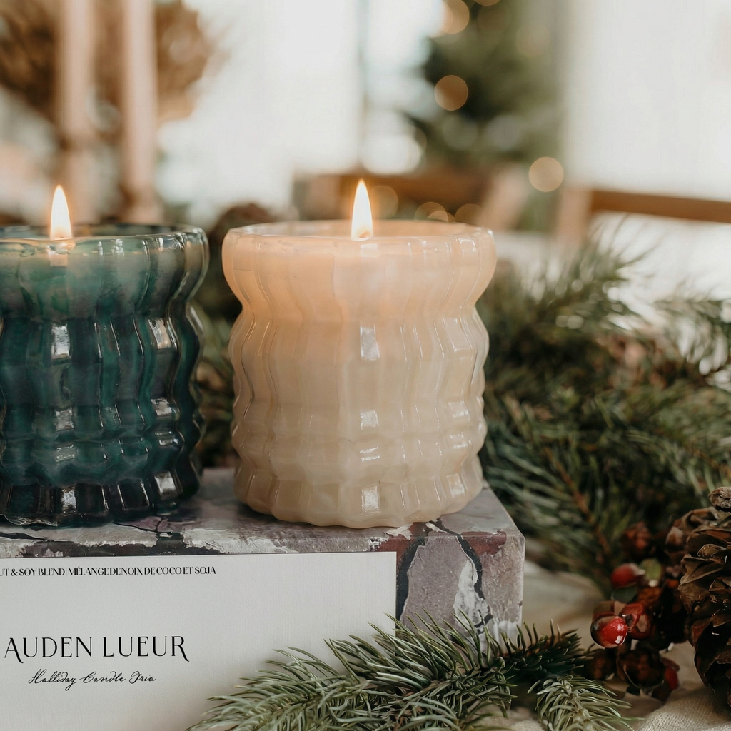 Auden Lueur Holiday Candle Trio of Three 4oz Non-Toxic Scented Candles in Textured Glass Vessels