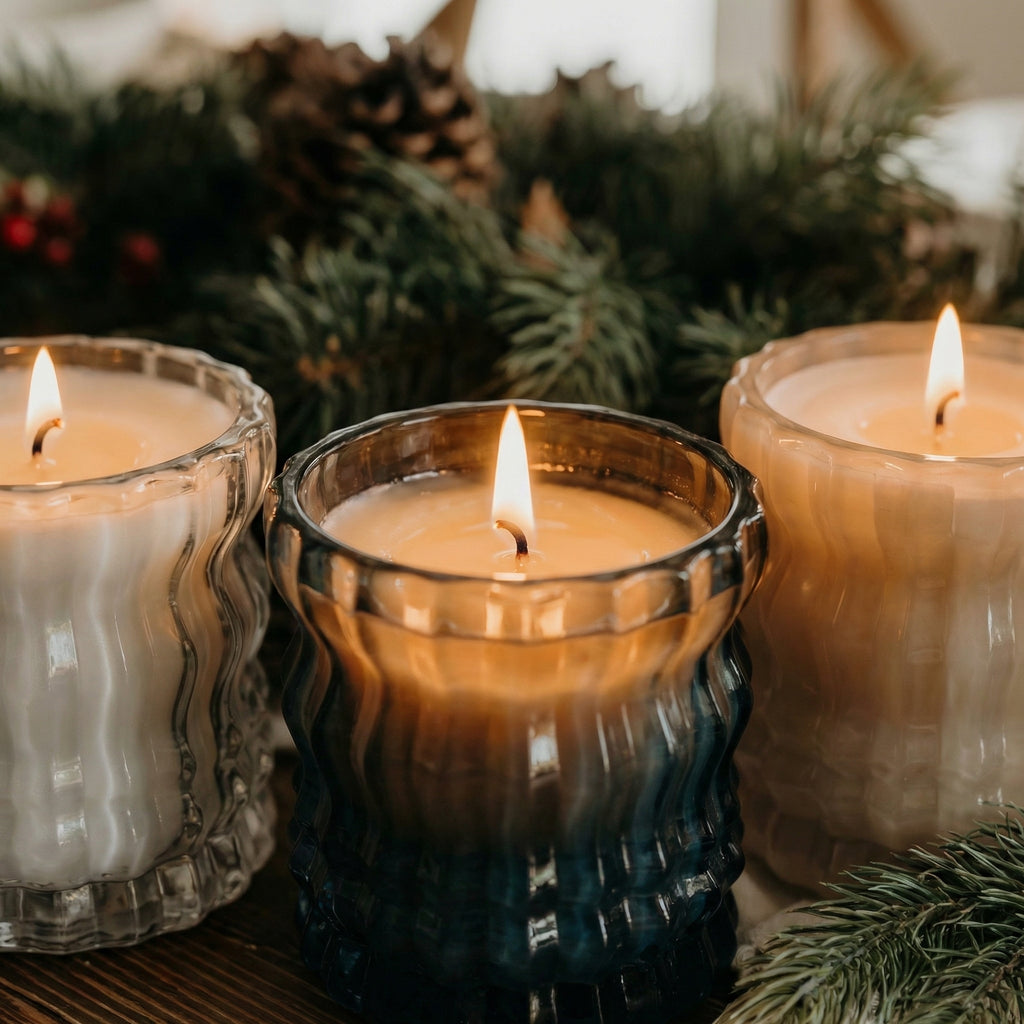Auden Lueur Holiday Candle Trio of Three 4oz Non-Toxic Scented Candles in Textured Glass Vessels