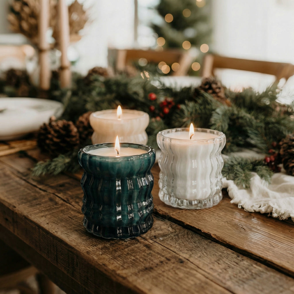 Auden Lueur Holiday Candle Trio of Three 4oz Non-Toxic Scented Candles in Textured Glass Vessels
