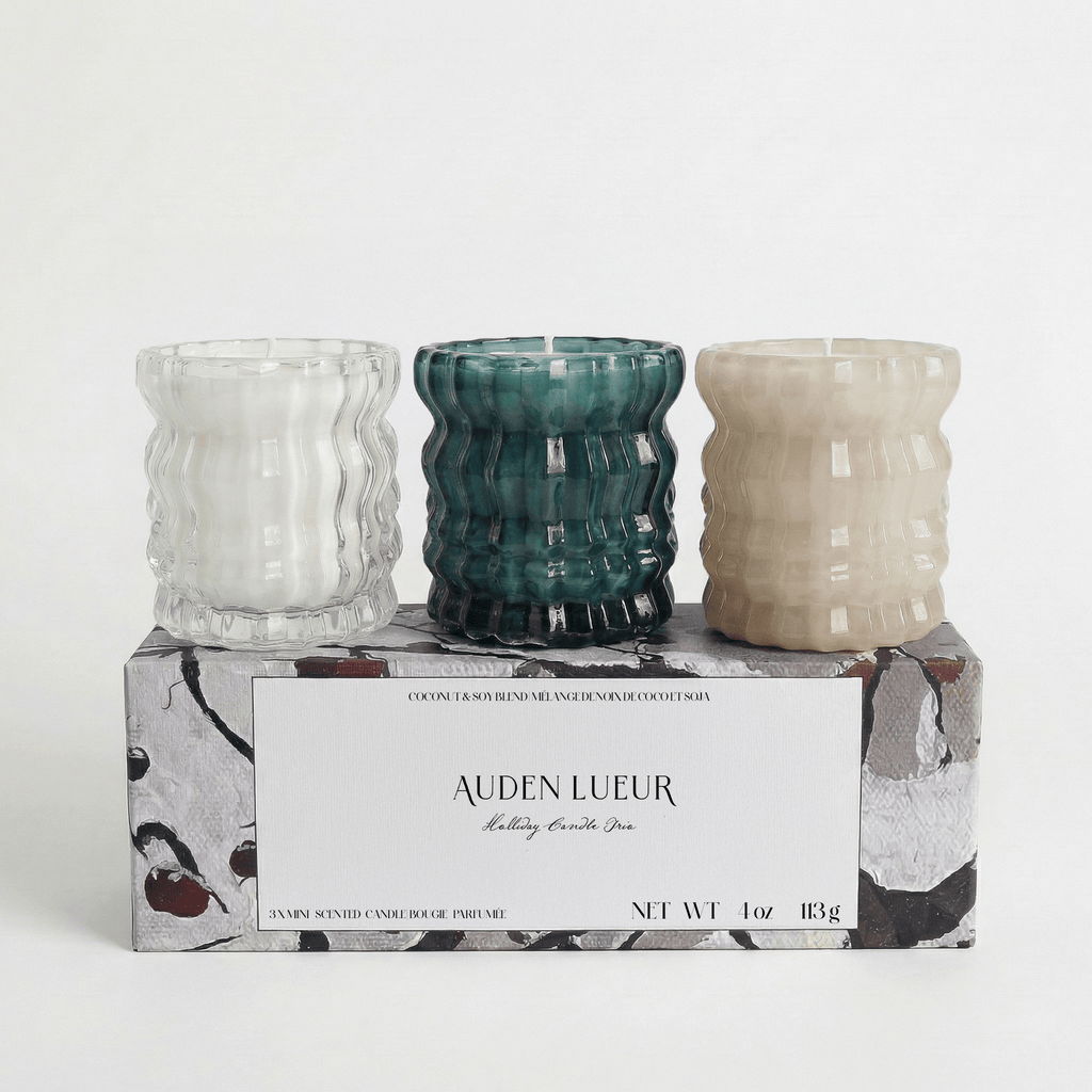 Auden Lueur Holiday Candle Trio of Three 4oz Non-Toxic Scented Candles in Textured Glass Vessels