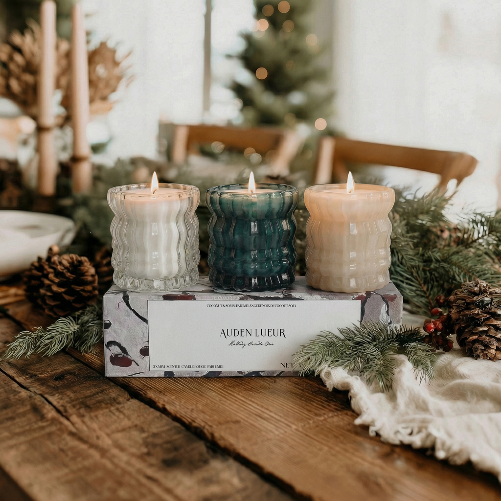 Auden Lueur Holiday Candle Trio of Three 4oz Non-Toxic Scented Candles in Textured Glass Vessels