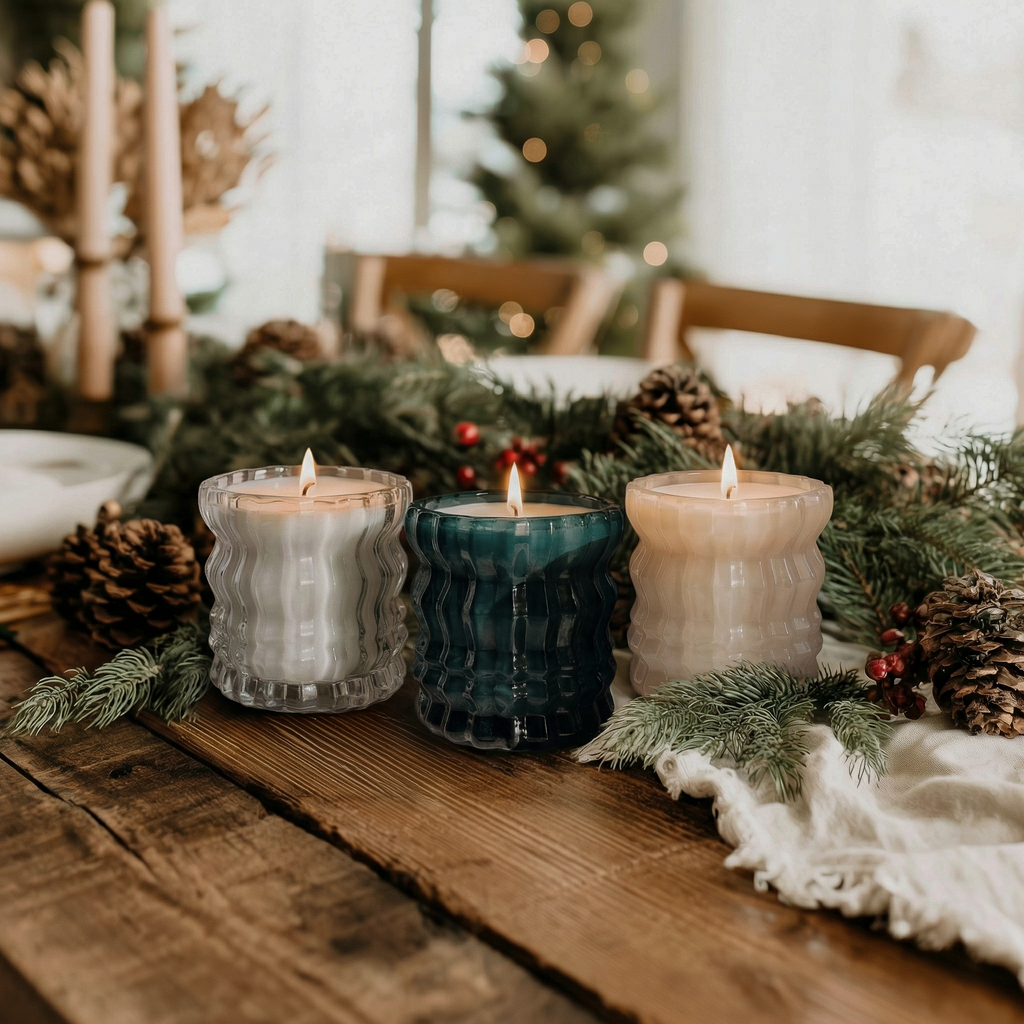 Auden Lueur Holiday Candle Trio of Three 4oz Non-Toxic Scented Candles in Textured Glass Vessels